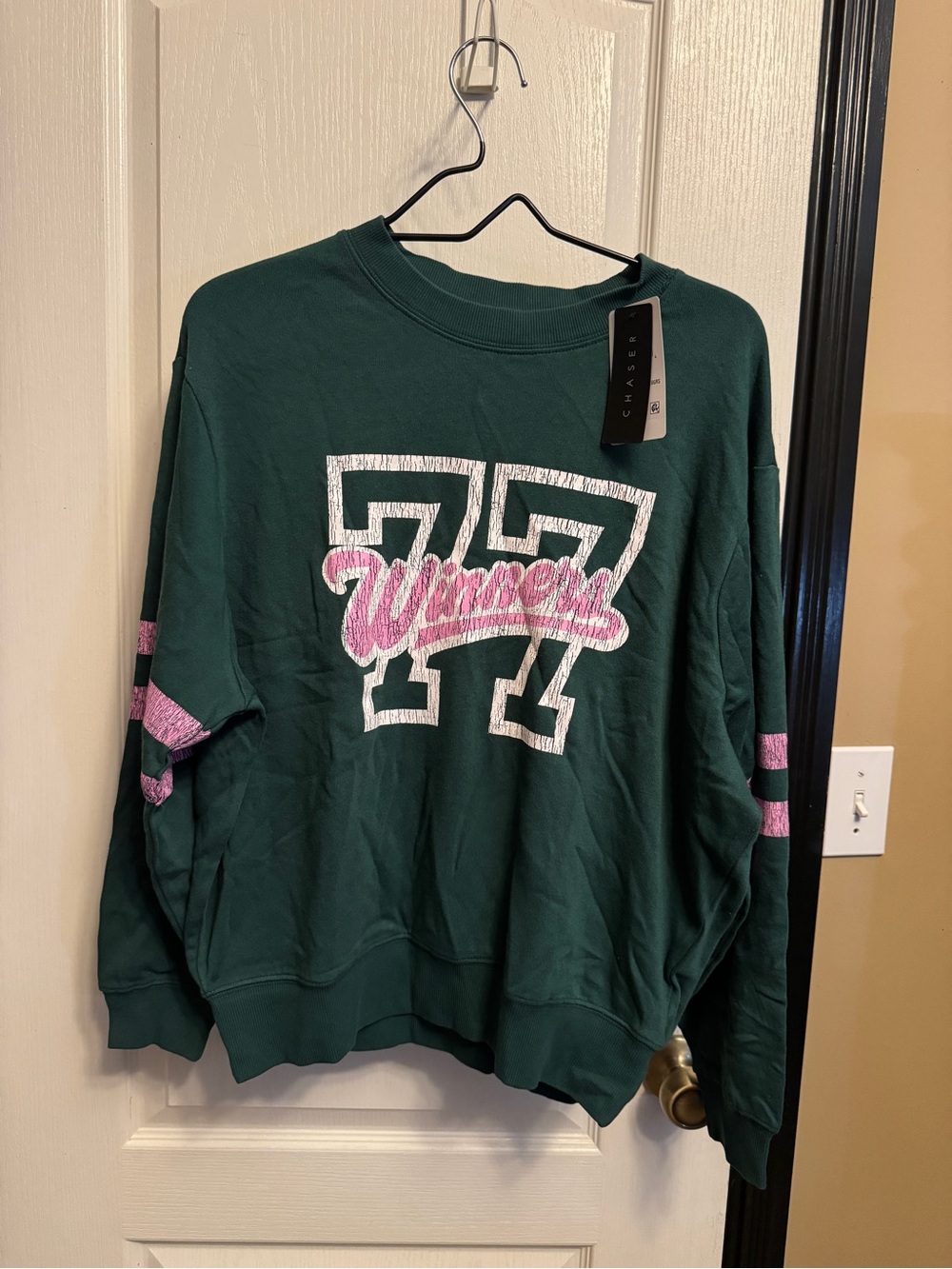 Chaser Forest Green '77' Graphic Sweatshirt with Pink Script - Anthropologie